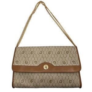 Christian Dior Vintage Honeycomb Monogram Canvas Shoulder Bag Beige Brown Gold